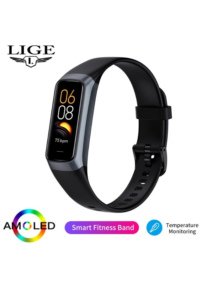 LIGE AMOLED Color Screen Sport Fitness Tracker Bracelet for Men Waterproof  Lightweight Smart Band Body Temperature Heart Rate Monitor Exercise Tracking Black - Image 1