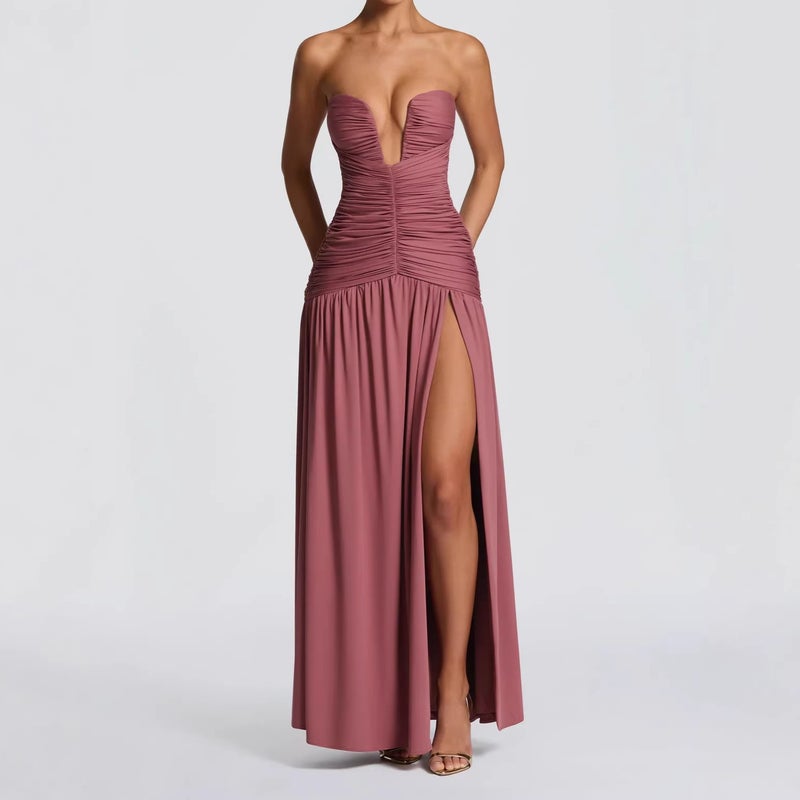 2026 New Strapless Ruched Waist Slit Dress Fashion Dress - Image 5