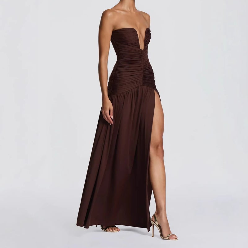 2026 New Strapless Ruched Waist Slit Dress Fashion Dress - Image 3