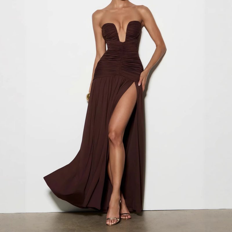 2026 New Strapless Ruched Waist Slit Dress Fashion Dress - Image 2