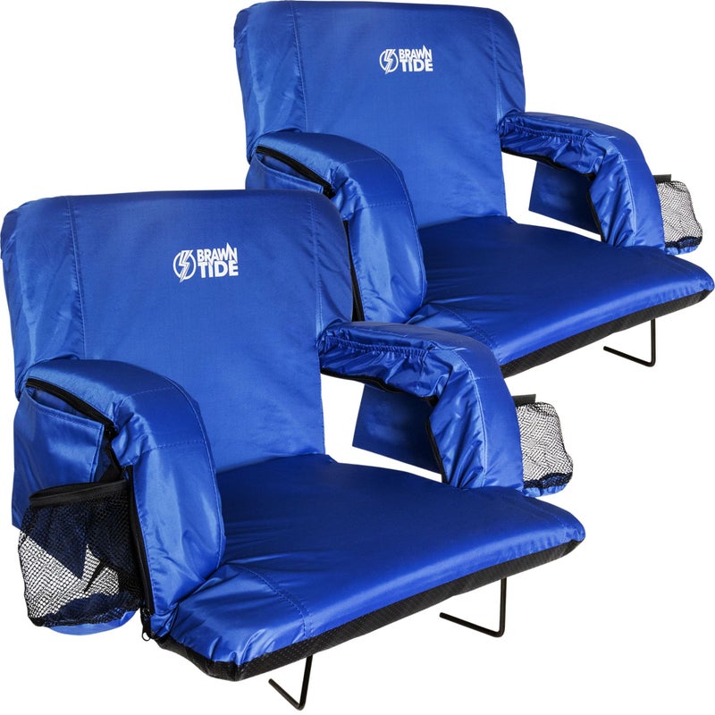 BRAWNTIDE Stadium Seat with Back Support 2 Pack Comfy Cushion Thick Padding 2 Bleacher Hooks 4 Pockets Ideal Stadium Chair for Bleachers Sporting Events Beaches Blue Regular Size