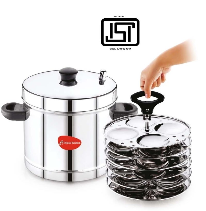 KLASSI KICHEN Stainless Steel Idly Maker 6 Plates Compatible with Induction and Gas Stove (24 idli), 3 liter, SILVER - Image 2