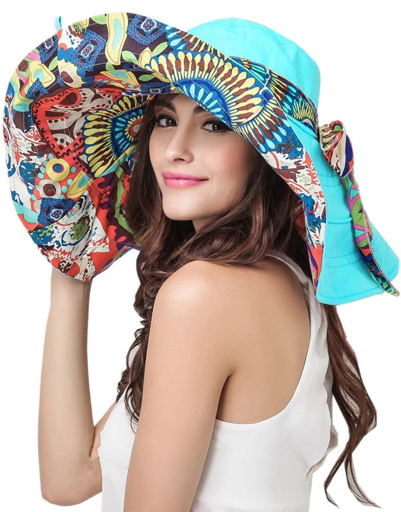Fakeface Women's Foldable Floppy Reversible Travel Beach Sun Visor Hat Wide Brim UPF 50+ Blue - Image 1