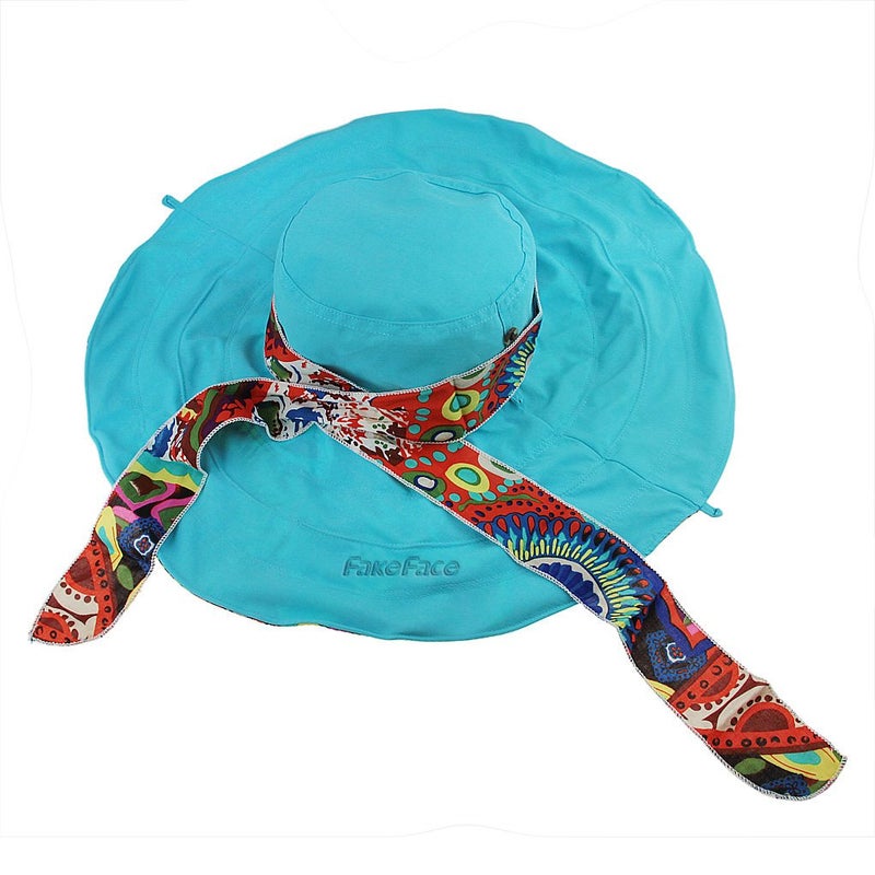 Fakeface Women's Foldable Floppy Reversible Travel Beach Sun Visor Hat Wide Brim UPF 50+ Blue - Image 5