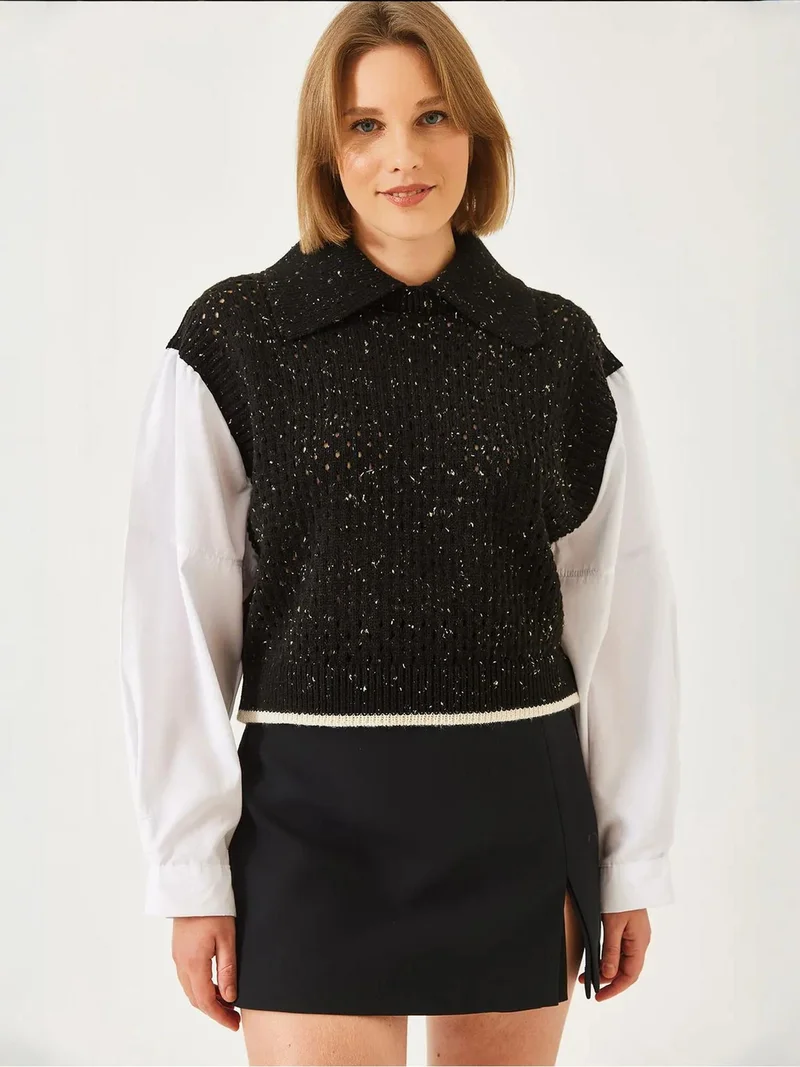 Bianco Lucci LUCCI Textured Knit Crop Sweater with Shirt Collar