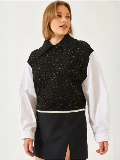 Bianco Lucci LUCCI Textured Knit Crop Sweater with Shirt Collar