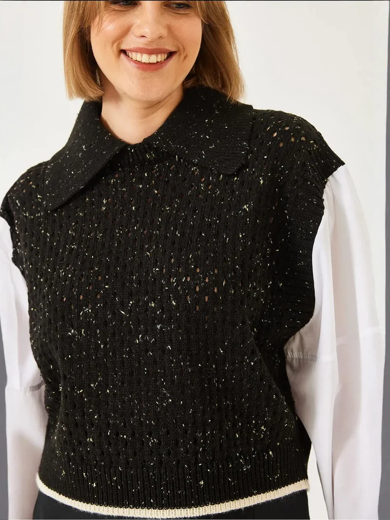 Bianco Lucci LUCCI Textured Knit Crop Sweater with Shirt Collar