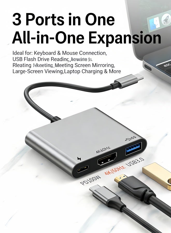 الصفحة الرئيسية محول USB-C إلى HDMI 3 في 1 بدقة 4K بمعدل 60 هرتز، وشحن PD بقدرة 100 واط، وسرعة USB 3.0 تبلغ 5 جيجابت في الثانية | موزع من سبائك الألومنيوم متوافق مع أجهزة MacBook وiPad وiPhone 15/16/17 Pro وSamsung S24/S23 وChromebook وSwitch 2.1 - Image 2