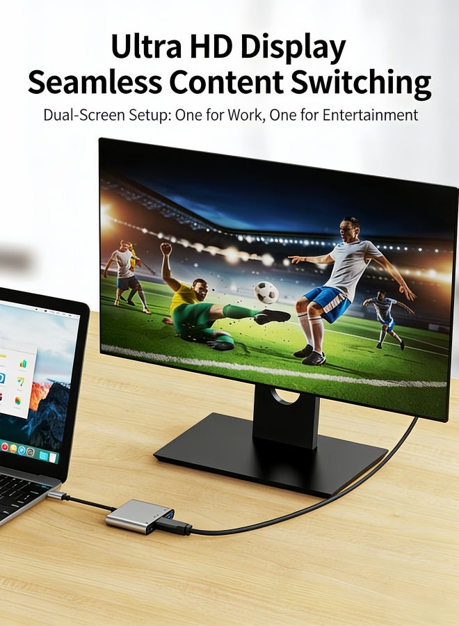 الصفحة الرئيسية محول USB-C إلى HDMI 3 في 1 بدقة 4K بمعدل 60 هرتز، وشحن PD بقدرة 100 واط، وسرعة USB 3.0 تبلغ 5 جيجابت في الثانية | موزع من سبائك الألومنيوم متوافق مع أجهزة MacBook وiPad وiPhone 15/16/17 Pro وSamsung S24/S23 وChromebook وSwitch 2.1 - Image 4