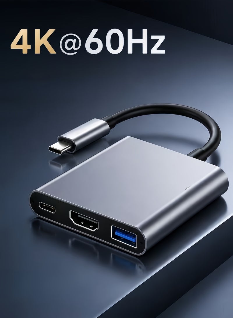الصفحة الرئيسية محول USB-C إلى HDMI 3 في 1 بدقة 4K بمعدل 60 هرتز، وشحن PD بقدرة 100 واط، وسرعة USB 3.0 تبلغ 5 جيجابت في الثانية | موزع من سبائك الألومنيوم متوافق مع أجهزة MacBook وiPad وiPhone 15/16/17 Pro وSamsung S24/S23 وChromebook وSwitch 2.1 - Image 1