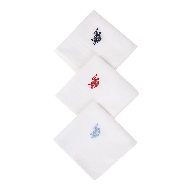 U.S. POLO ASSN. Men Pure Cotton Brand Logo Casual Style Handkerchief - Pack Of 3, White - Image 3