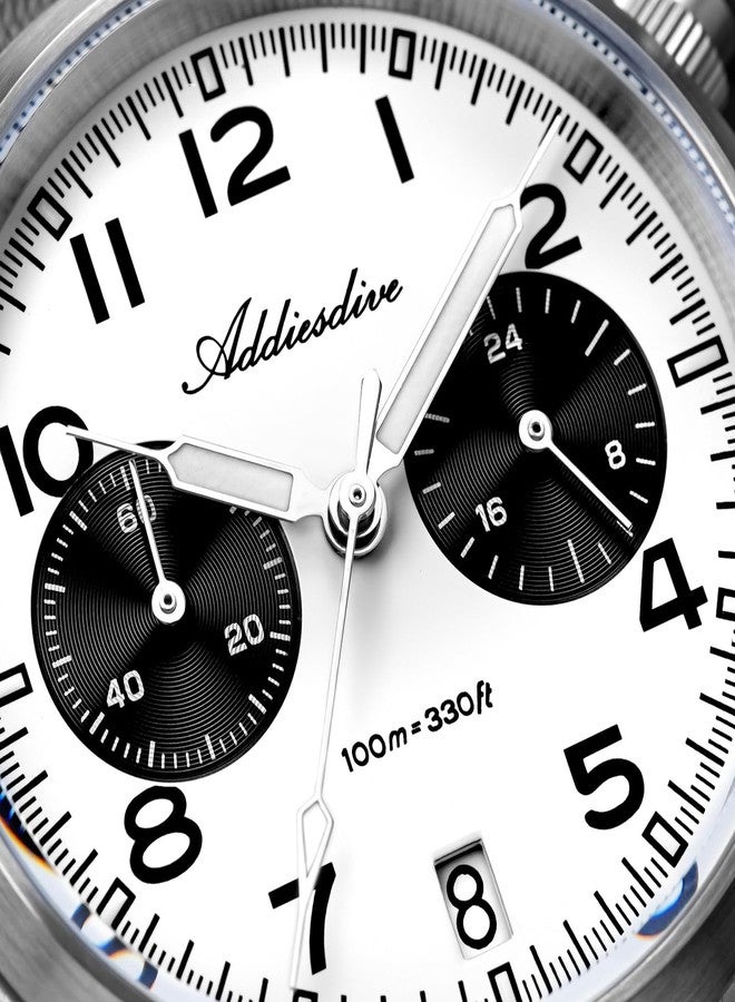 ADDIESDIVE Chronograph Watches for Men Women Synthetic Sapphire 100 M Waterproof Quartz Analog BGW9 Luminous Black and White Panda Watch - Image 3