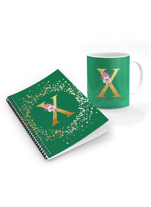 Printed Coffee Mug + A5 Spiral Notebook Memo Personalised Combo Gift Set Custom Monogram Initial Letter Floral Pattern Alphabet -  X (Spring Green)