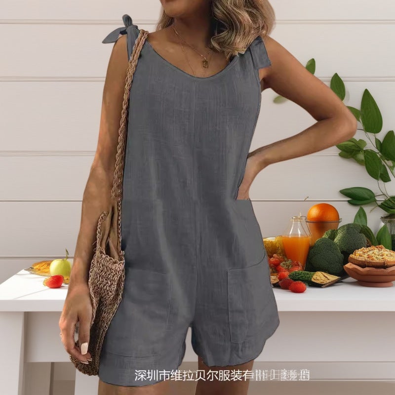 European American Women's Jumpsuit Sleeveless Pockets Loose Fit Cotton Linen - Image 2
