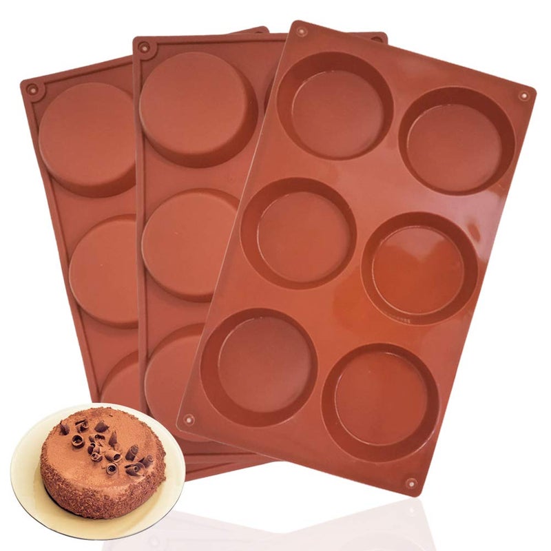 3 Packs 6 Cavity Large Round Disc Candy Silicone Molds DaKuan NonStick Baking Molds Mousse Cake Pan for French Dessert Pie Candy Soap Dia 31 Inch Reddish