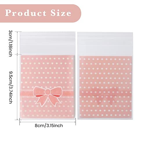 NUOMI 200Pcs Self Adhesive Pink Cookie Bags, Resealable Cookie Treat Cellophane Bags for Gift Giving, 3.9"x3.1" Poly Bags Good for Bakery Candle Soap Candy, Pink&Green Polka Dots with Bow Decoration - Image 2