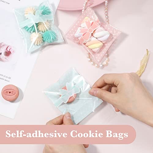 NUOMI 200Pcs Self Adhesive Pink Cookie Bags, Resealable Cookie Treat Cellophane Bags for Gift Giving, 3.9"x3.1" Poly Bags Good for Bakery Candle Soap Candy, Pink&Green Polka Dots with Bow Decoration - Image 5