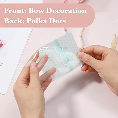 NUOMI 200Pcs Self Adhesive Pink Cookie Bags, Resealable Cookie Treat Cellophane Bags for Gift Giving, 3.9"x3.1" Poly Bags Good for Bakery Candle Soap Candy, Pink&Green Polka Dots with Bow Decoration - Image 4