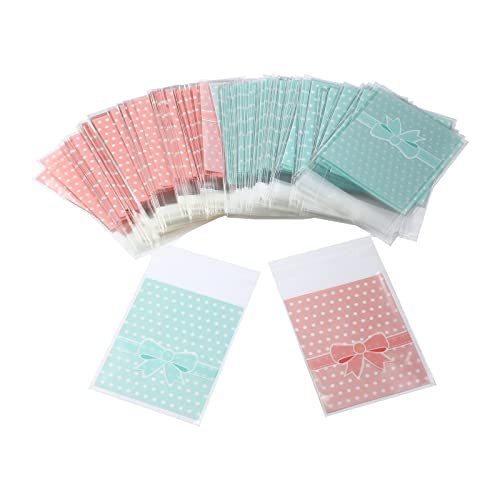 NUOMI 200Pcs Self Adhesive Pink Cookie Bags, Resealable Cookie Treat Cellophane Bags for Gift Giving, 3.9"x3.1" Poly Bags Good for Bakery Candle Soap Candy, Pink&Green Polka Dots with Bow Decoration - Image 1