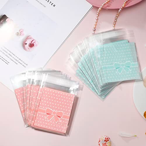 NUOMI 200Pcs Self Adhesive Pink Cookie Bags, Resealable Cookie Treat Cellophane Bags for Gift Giving, 3.9"x3.1" Poly Bags Good for Bakery Candle Soap Candy, Pink&Green Polka Dots with Bow Decoration - Image 3