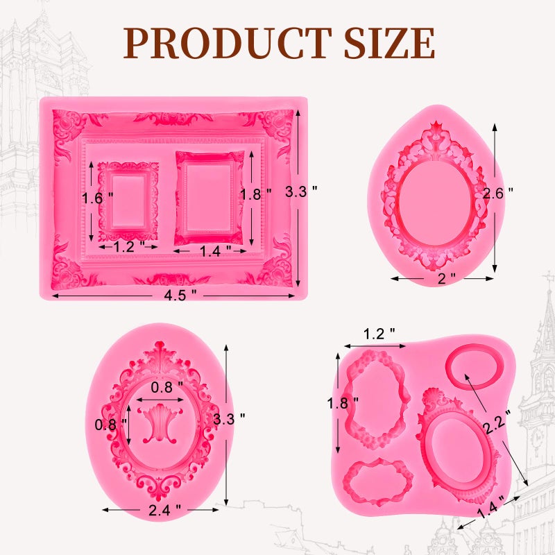 Puyeipt 4 Pcs Photo Frame Silicone Molds, Baroque Style Picture Photo Frames and Mirrors Fondant Molds for Cupcake Topper, Chocolate, Candy, Donut Cake Puck Decoration and Clay Craft Making - Image 2