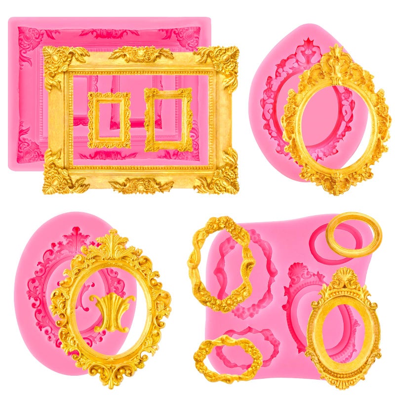 Puyeipt 4 Pcs Photo Frame Silicone Molds, Baroque Style Picture Photo Frames and Mirrors Fondant Molds for Cupcake Topper, Chocolate, Candy, Donut Cake Puck Decoration and Clay Craft Making - Image 1