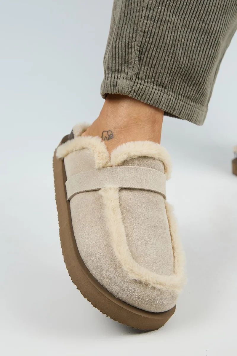 Manijero Manijero (Beginner Platform) Women's Genuine Leather Fur-Lined Loafer Platform Slippers Beige