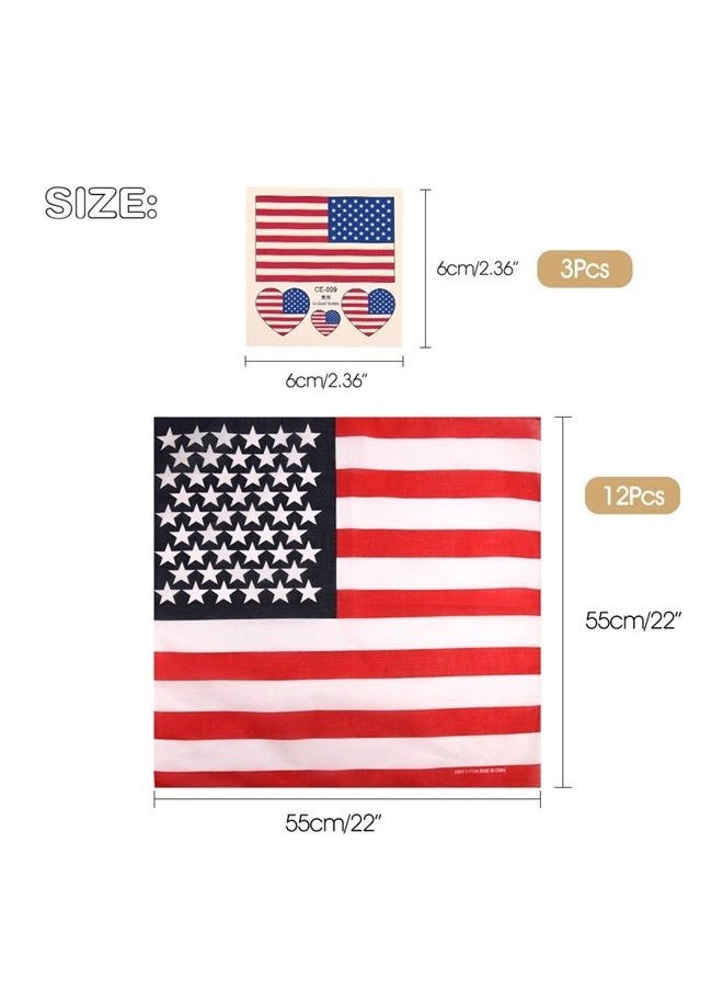 FEPITO - 12 Pack American Flag Bandanas Headband USA Flag Kerchief and 12Pcs Tattoo Sticker for July 4th, Patriotic Event Accessories - Image 1