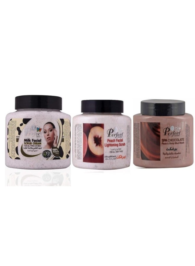 برفكت قناع الطين للوجه والجسم بنكهة الشوكولاتة من بيرفكت سبا 500 مل، مقشر تفتيح الوجه بنكهة الخوخ 500 مل، بالإضافة إلى كريم مقشر للوجه بالحليب 500 مل - Image 1