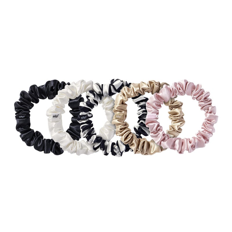 slip Midi Scrunchie Original Mix | Set of 5 Pure Silk Scrunchies in Pink, Caramel, Navy Stripe, White, & Black | 100% Mulberry Silk, Anti-Crease, Gentle on Hair, Reduces Breakage | Stylish & Durable - Image 2