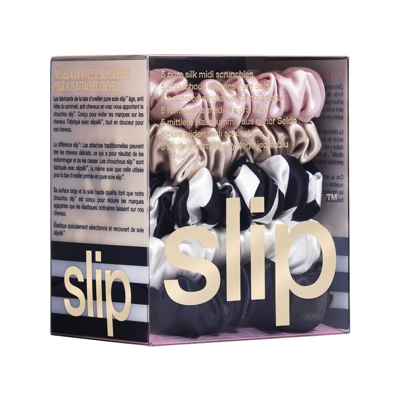 slip Midi Scrunchie Original Mix | Set of 5 Pure Silk Scrunchies in Pink, Caramel, Navy Stripe, White, & Black | 100% Mulberry Silk, Anti-Crease, Gentle on Hair, Reduces Breakage | Stylish & Durable - Image 4