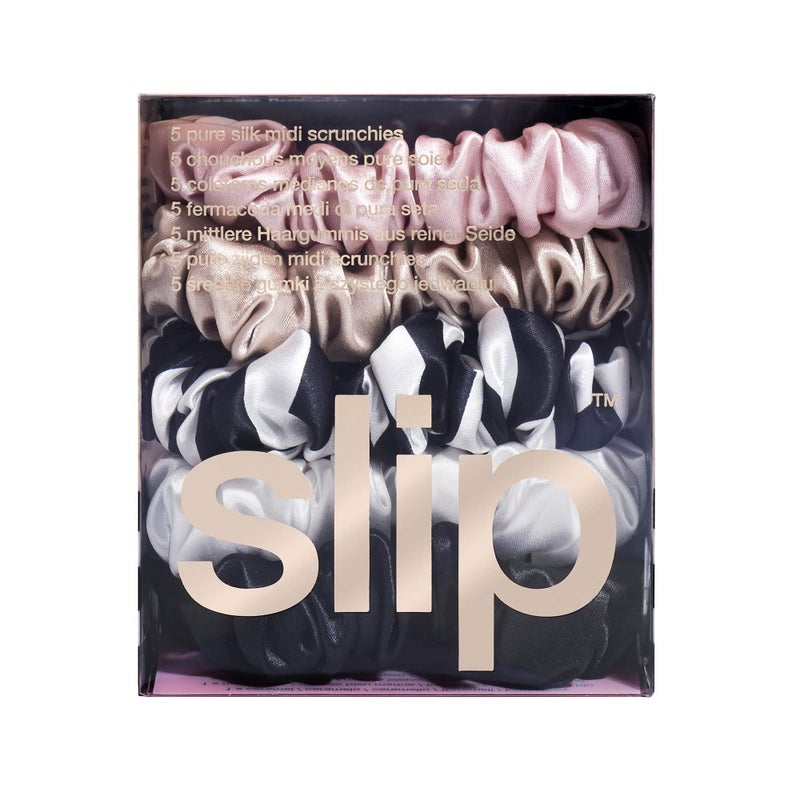 slip Midi Scrunchie Original Mix | Set of 5 Pure Silk Scrunchies in Pink, Caramel, Navy Stripe, White, & Black | 100% Mulberry Silk, Anti-Crease, Gentle on Hair, Reduces Breakage | Stylish & Durable - Image 3