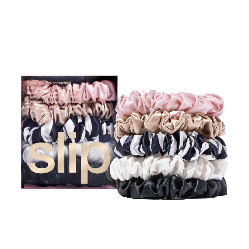 slip Midi Scrunchie Original Mix | Set of 5 Pure Silk Scrunchies in Pink, Caramel, Navy Stripe, White, & Black | 100% Mulberry Silk, Anti-Crease, Gentle on Hair, Reduces Breakage | Stylish & Durable - Image 1