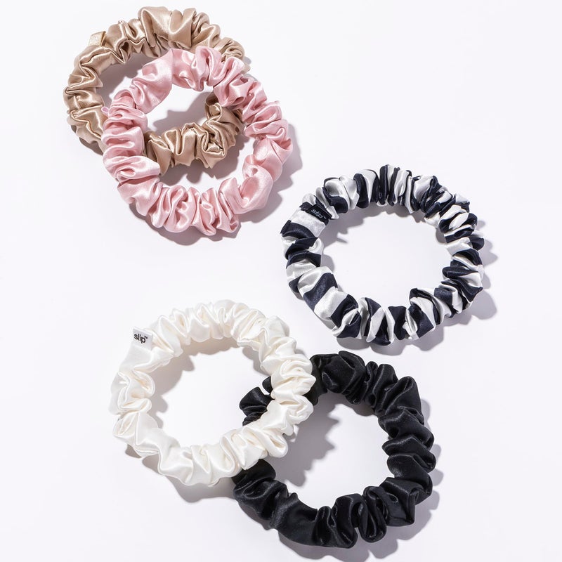 slip Midi Scrunchie Original Mix | Set of 5 Pure Silk Scrunchies in Pink, Caramel, Navy Stripe, White, & Black | 100% Mulberry Silk, Anti-Crease, Gentle on Hair, Reduces Breakage | Stylish & Durable - Image 5