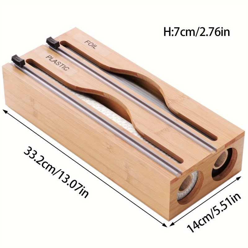 1pc 2 in 1 Wrap Dispenser with Cutter And Labels, Bamboo Plastic Wrap, Aluminum Foil And Wax Paper Dispenser for Kitchen Drawer, Bamboo Roll Organizer Holder, Black Wrap Dispenser, White Wrap Dispenser - Image 1