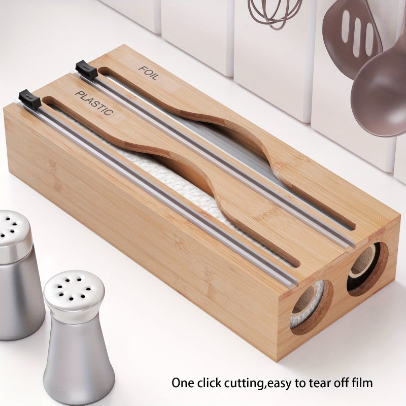 1pc 2 in 1 Wrap Dispenser with Cutter And Labels, Bamboo Plastic Wrap, Aluminum Foil And Wax Paper Dispenser for Kitchen Drawer, Bamboo Roll Organizer Holder, Black Wrap Dispenser, White Wrap Dispenser - Image 2