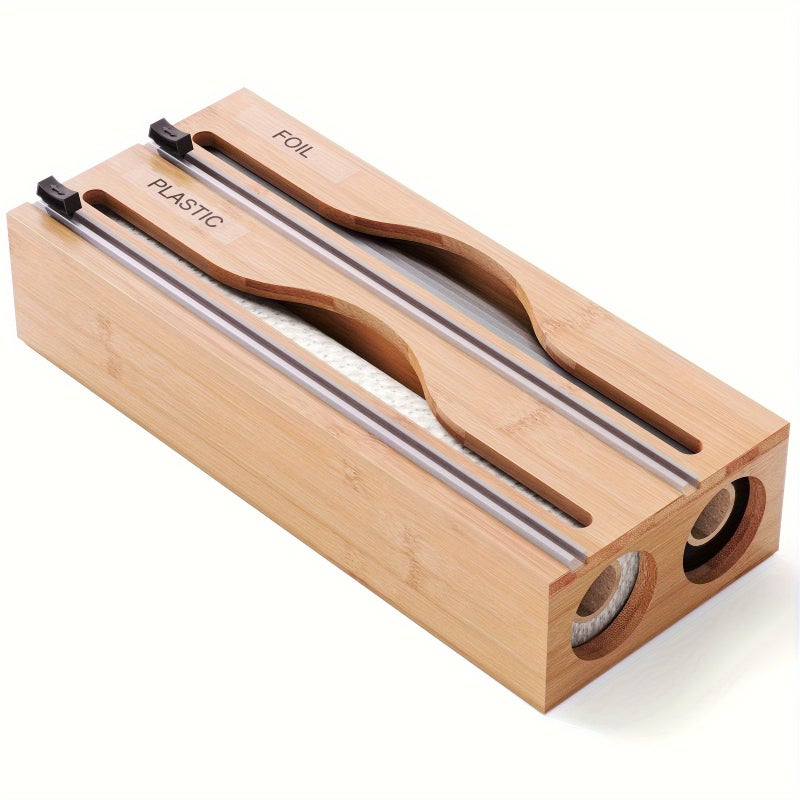 1pc 2 in 1 Wrap Dispenser with Cutter And Labels, Bamboo Plastic Wrap, Aluminum Foil And Wax Paper Dispenser for Kitchen Drawer, Bamboo Roll Organizer Holder, Black Wrap Dispenser, White Wrap Dispenser - Image 4