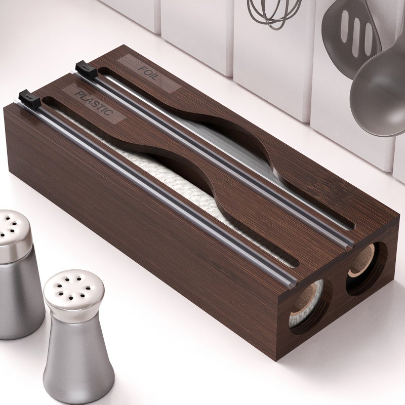 1pc 2 in 1 Wrap Dispenser with Cutter And Labels, Bamboo Plastic Wrap, Aluminum Foil And Wax Paper Dispenser for Kitchen Drawer, Bamboo Roll Organizer Holder, Black Wrap Dispenser, White Wrap Dispenser - Image 5