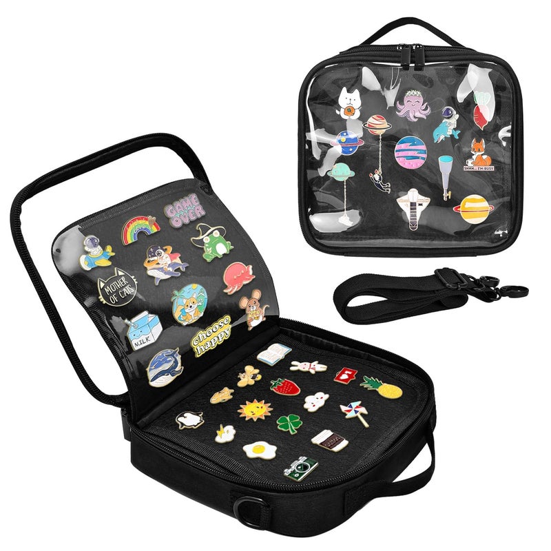 BOHEMIABY Enamel Pin Display Book, Small Collections Travel Pin Trading Book, Brooch Pin Lover Collector Bag, 6-Page Lapel Pin Display Board with Protective Film, Handles and Shoulder Strap, Black - Image 1