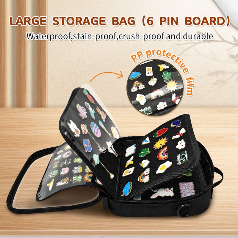 BOHEMIABY Enamel Pin Display Book, Small Collections Travel Pin Trading Book, Brooch Pin Lover Collector Bag, 6-Page Lapel Pin Display Board with Protective Film, Handles and Shoulder Strap, Black - Image 2
