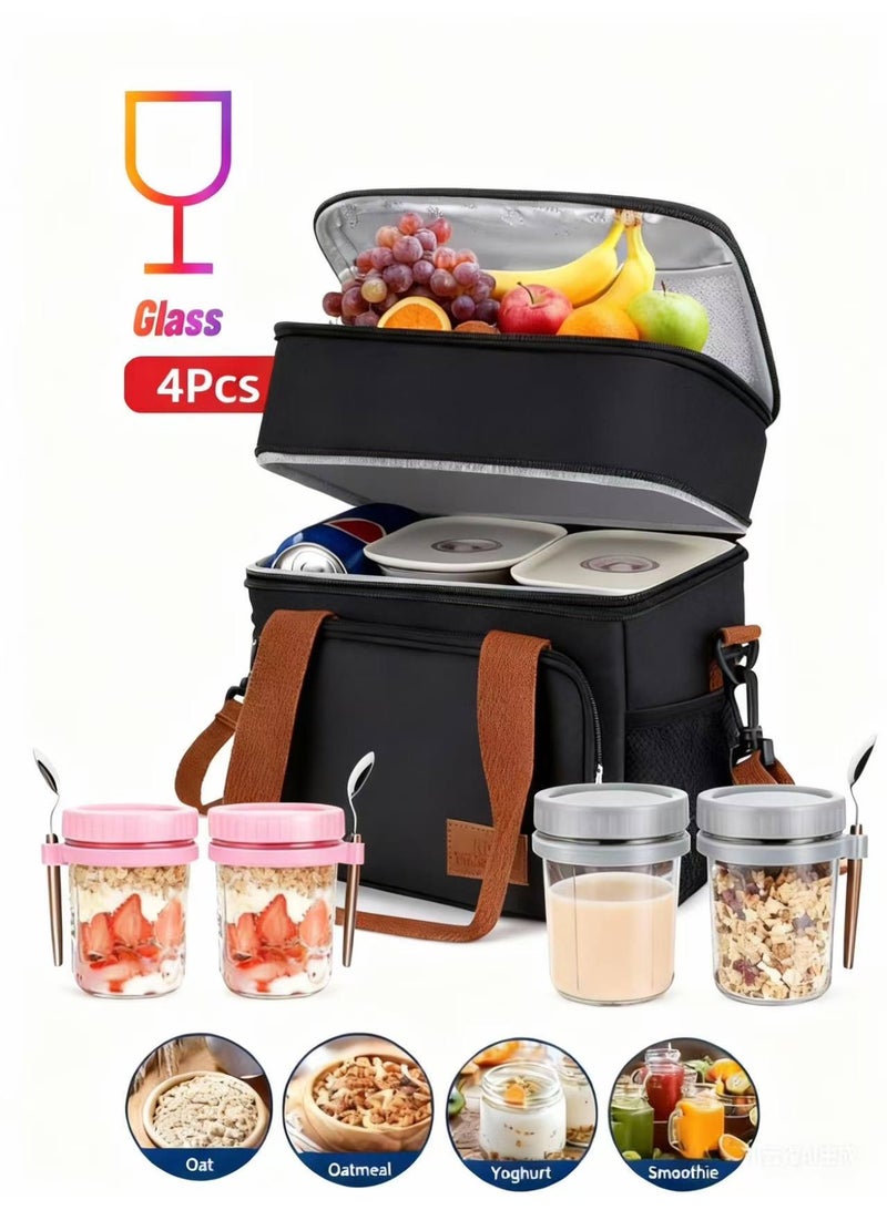 مجموعة حقيبة غداء كبيرة وأواني شوفان الليل: حقيبة طعام معزولة مضادة للماء قابلة للتوسيع مع4 علبت قياسيتين مع ملعقة - Image 1