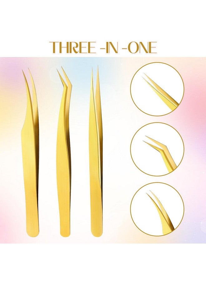 3 Pcs Lash Tweezers For Eyelash Extensions High Precision Gold Metal Tweezers Set Fiber Tip And Curved Isolation Tweezers Eyelash Extension Tools For Women Volume Lash Crafting Jewelry Making