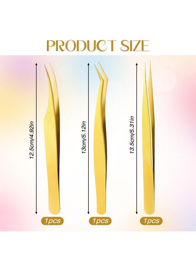 3 Pcs Lash Tweezers For Eyelash Extensions High Precision Gold Metal Tweezers Set Fiber Tip And Curved Isolation Tweezers Eyelash Extension Tools For Women Volume Lash Crafting Jewelry Making