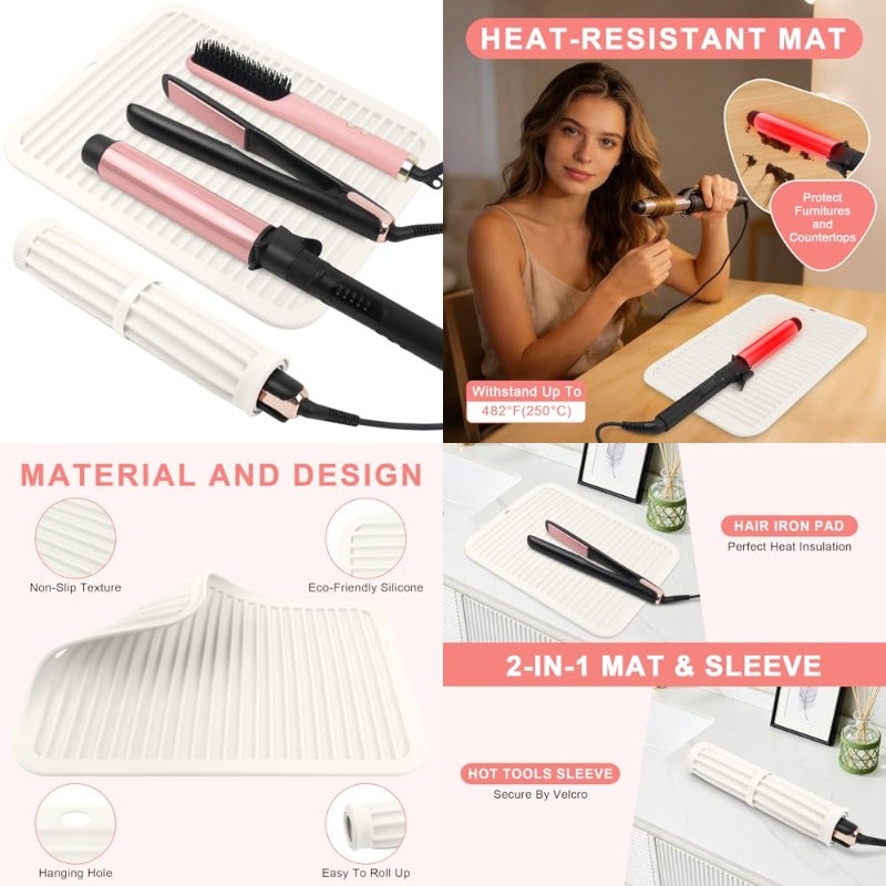 Oversize Silicone Heat Resistant Mat Professional Hot Hair Tools Mat for Curling Iron Flat Iron Hair Straightener Portable Hot Pad Cover with Velcro for Travel Home Salon 14.2 x 11.0 - Image 1