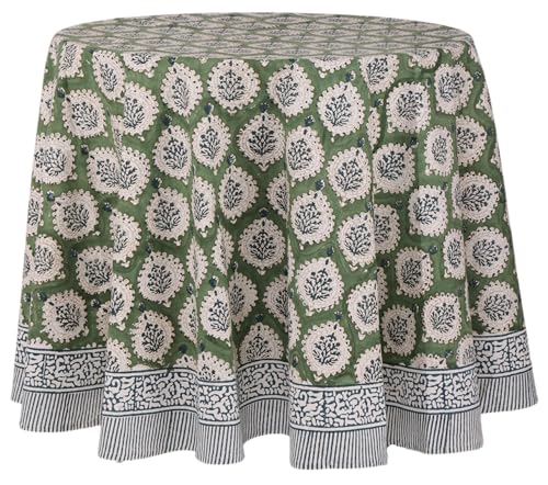 ATOSII Kari Green 100 Cotton Round Boho Spring Summer Tablecloth Block Print Floral Table Cloth Linen for Dining Parties Weddings OutdoorsI Home Table Decor 72 Inches Round