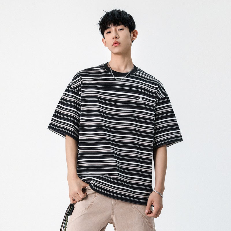 2025 factory direct supply striped T-shirt short sleeve summer men's round neck Japanese fashion brand retro half sleeve loose T-shirt - Image 1