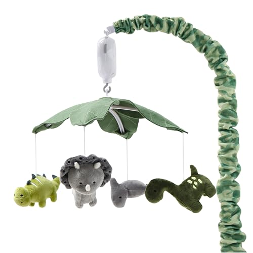 The Peanutshell Crib Mobile for Boys or Girls Grey and Green Camo Musical Baby Crib Mobile with 12 Lullabies Dino Baby Dinosaur Nursery Decor