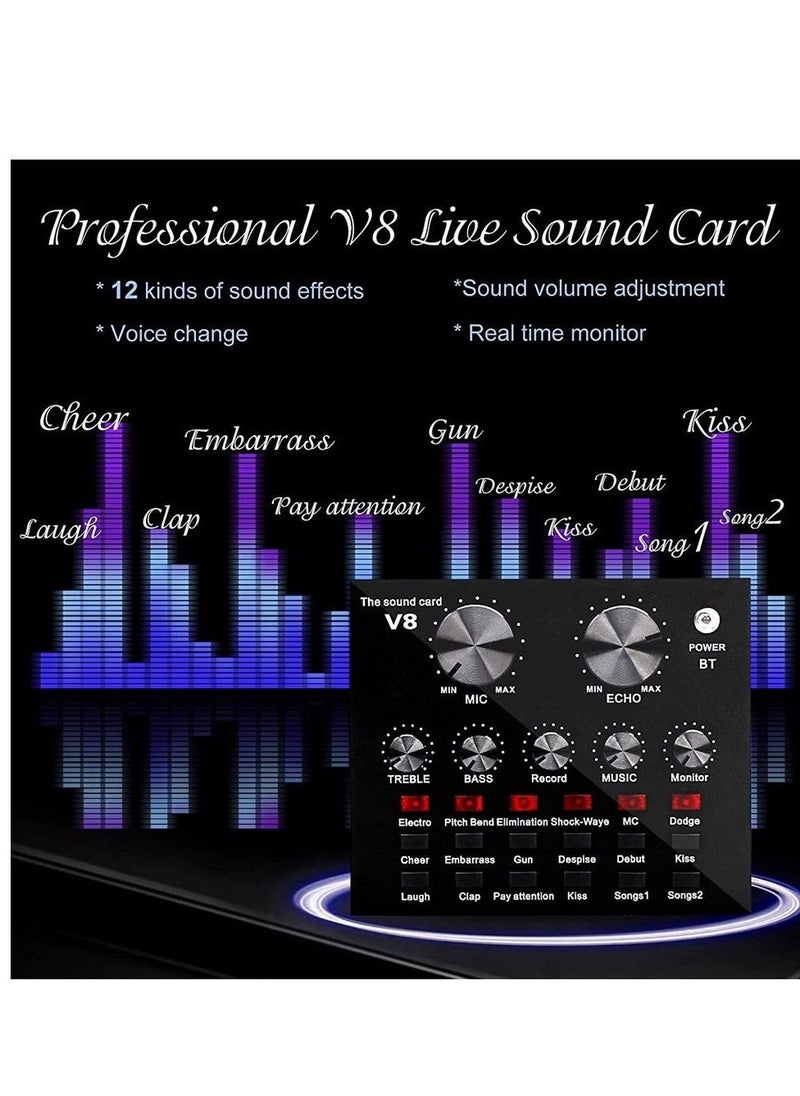 Microphone,Live Sound Card & BM800 Suspension Microphone Kit Broadcasting Recording Condenser Microphone Set Intelligent Volume Audio Mixer Sound Card for Computer PC Live Sound