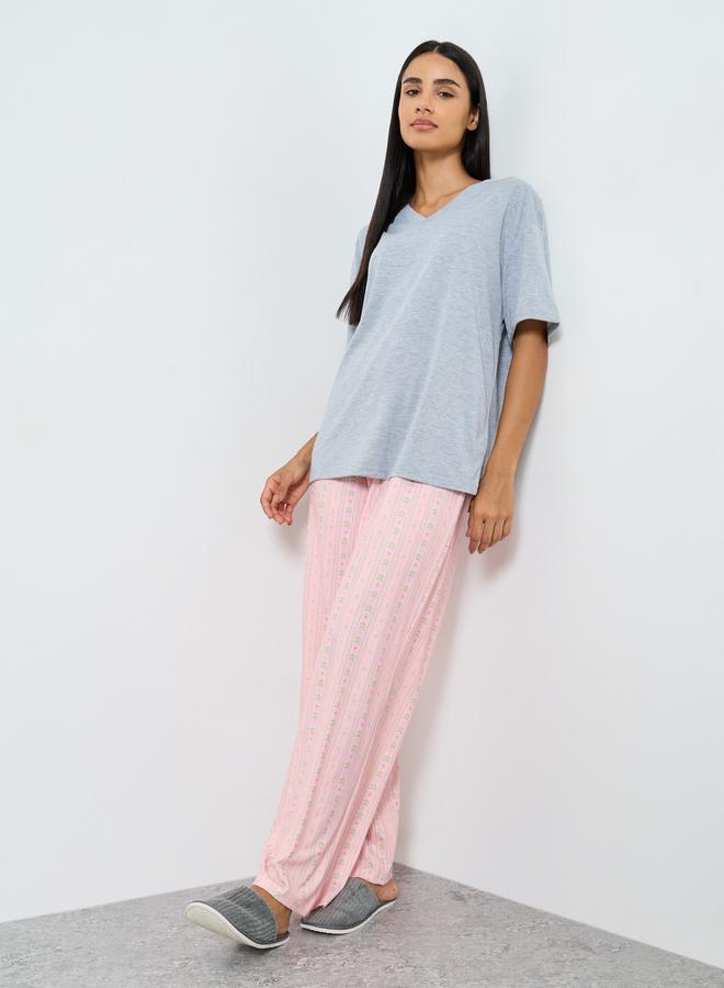 Styli V Neck Solid T-Shirt and Linear Floral Pyjama Set - Image 1