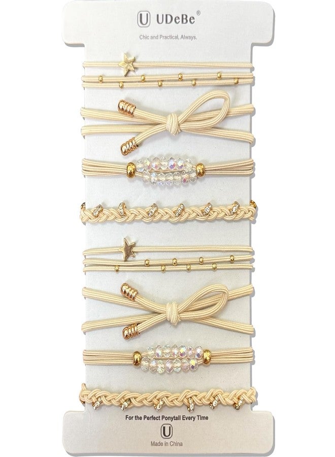 UDeBe 8 Pack Elegant Hair Ties with Gold Beads, Stars, and Crystal – Beige Thin Elastic Ponytail Holders for Women – Chic No Damage Hair Accessories for Al Hair Types - Image 1
